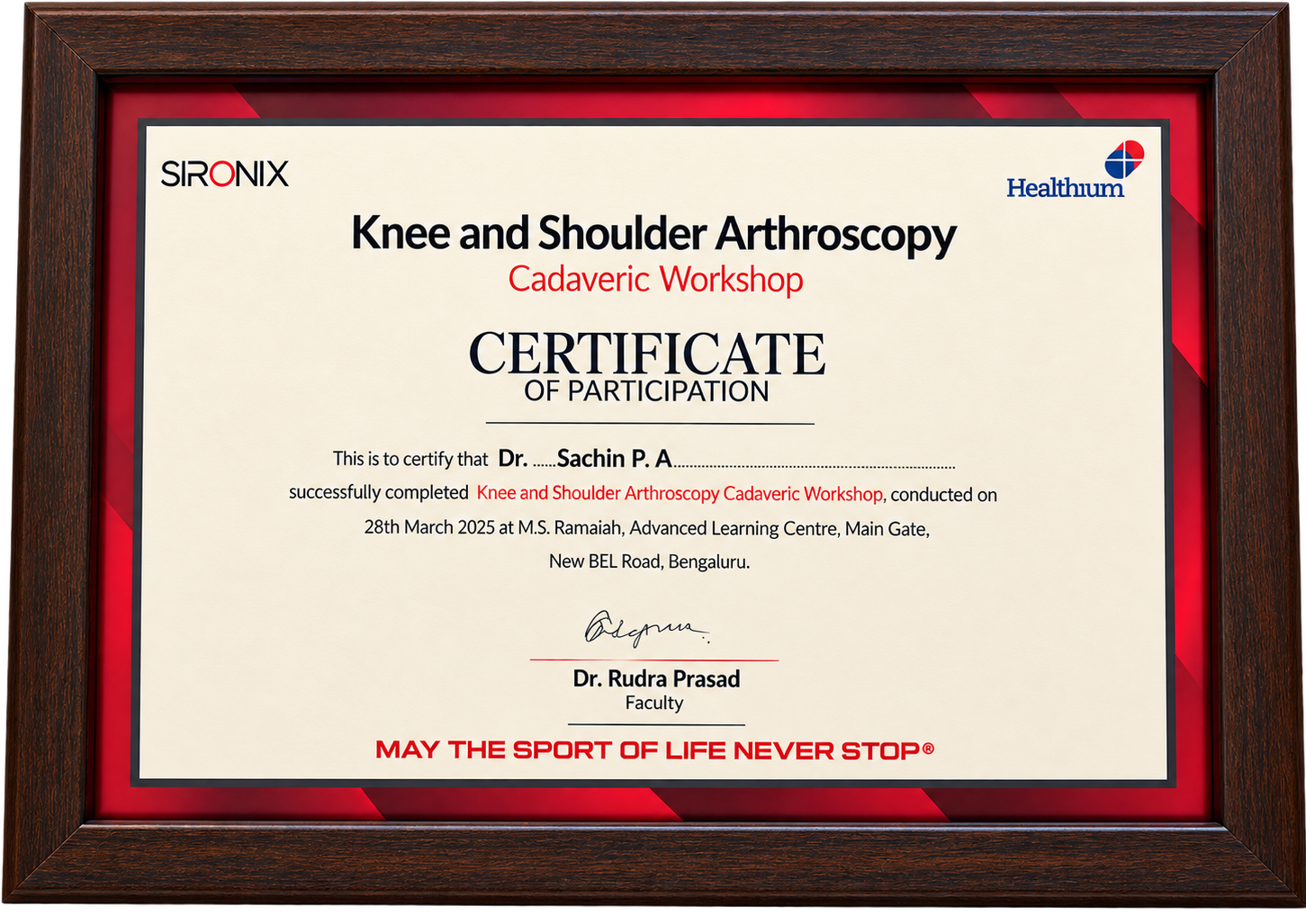Knee & Shoulder Arthroscopy Cadaveric Workshop Certificate
